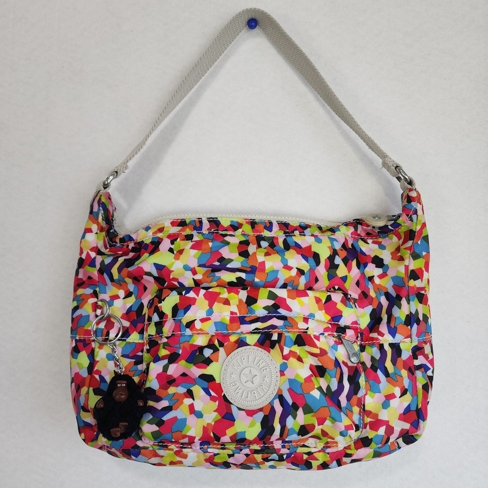 Kipling Womens Multi Abstract Zipper Pocket Furry Monkey Keychain Shoulder Bag